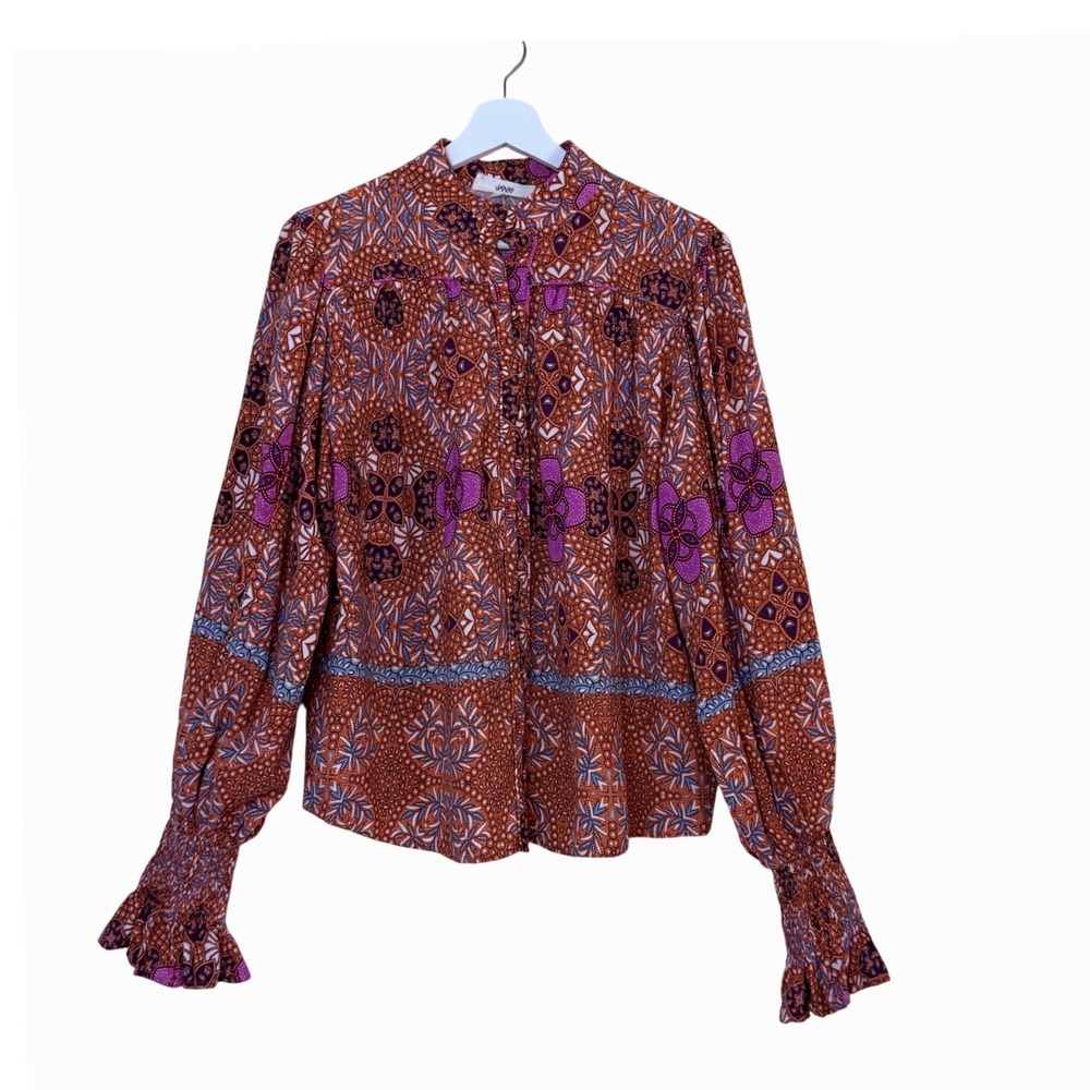 Jaase Womens Boho Geometric Floral Print Smocked Cuff Blouse Size S Hippie Retro